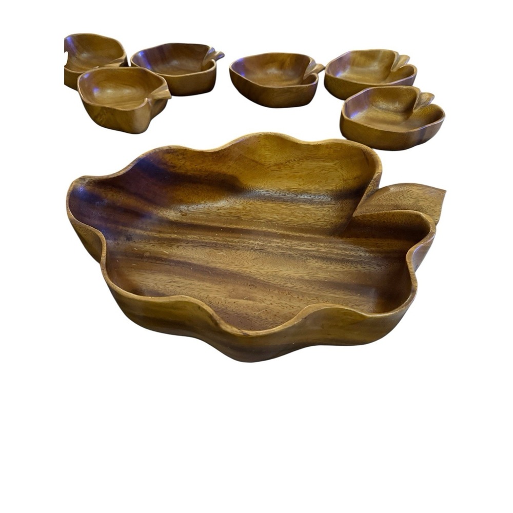 Vintage Models of Hawaii Monkey Pod Wood Hibiscus 7 Piece Serving Bowl Set Tiki